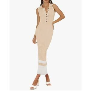 MITILLY Womens Sleeveless V Neck Button Ribbed Knit Maxi Dress Bodycon Small